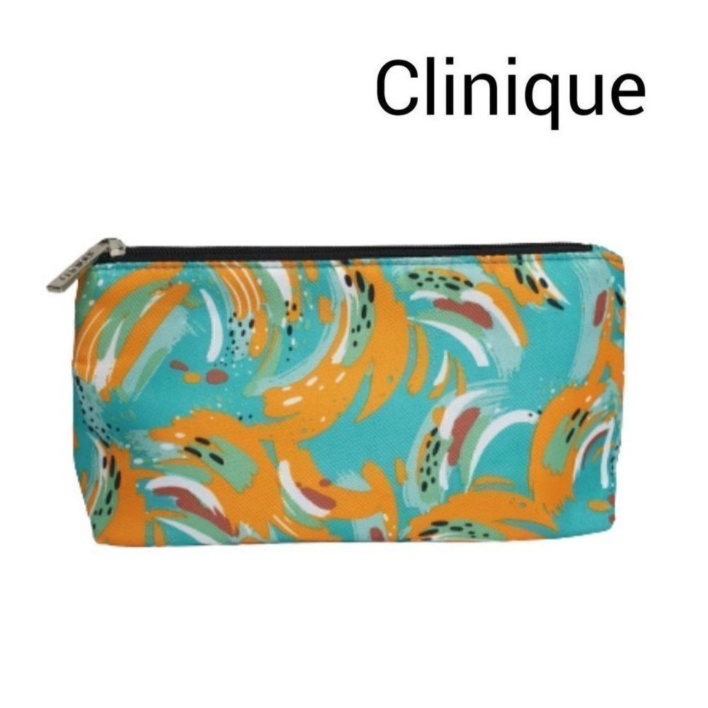 Clinique Makeup Bag Pouch Blue Patterned Cosmetic Travel Mulit Bag Nwot